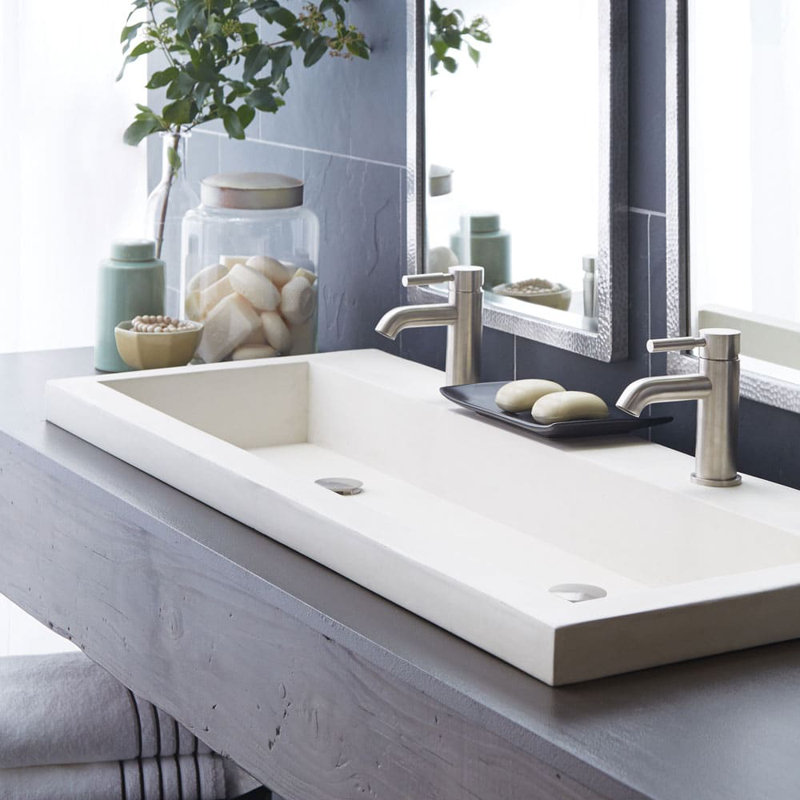 Trough Concrete Handmade Rectangular Drop-in Bathroom Sink, Forest, No Faucet Hole