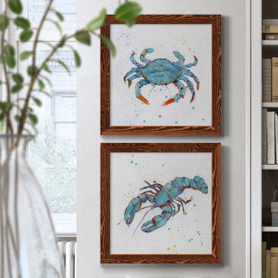 Bubble Blue Crab - Ensemble de 2 peintures sur toile encadrées