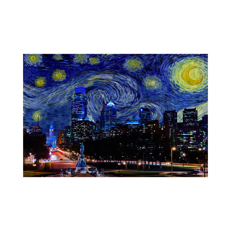 Philadelphia, Pennsylvania Starry Night Skyline - impression d'art graphique, Toile tendue, Aucun mat