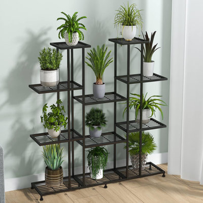 9 Tier 17 Pot Multifunctional Metal Plant Stand, for Indoor and Outdoor Use, with Decorative Black Steel Design