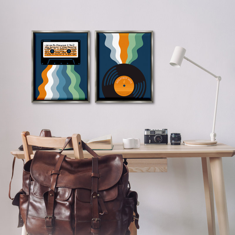 «Retro Music with Stripes», ensemble de 2 toiles flottantes encadrées par Laura Marr, Cadre flottant gris lustré