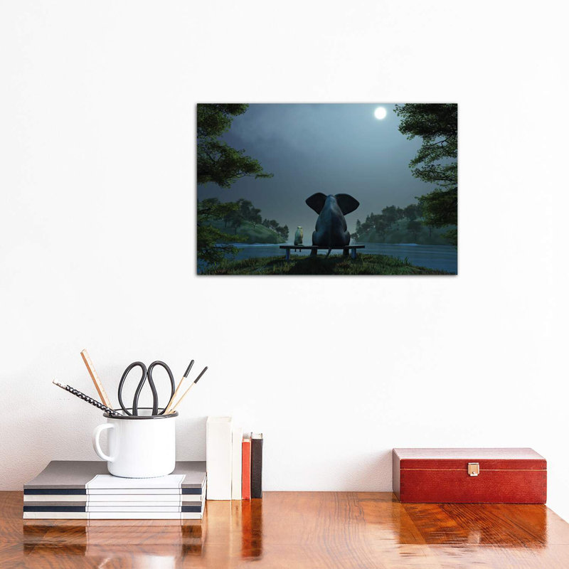 Elephant And Dog At Summer Night by Mike Kiev - Wrapped Canvas Print, 30.48 cm H x 45.72 cm W