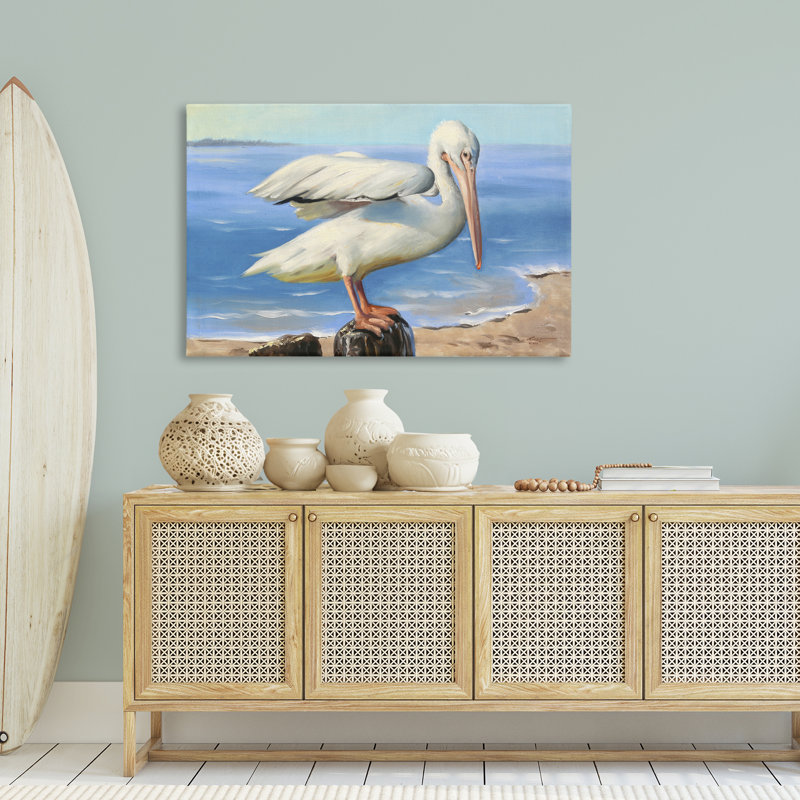 «Beach Scene Pelican» par D. Rust, H 30 po x l 45 po