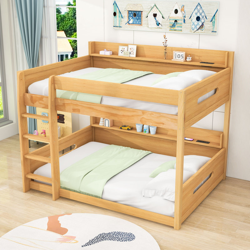 Lit superposé grand en bois avec grand espace de rangement et ports USB, Bois