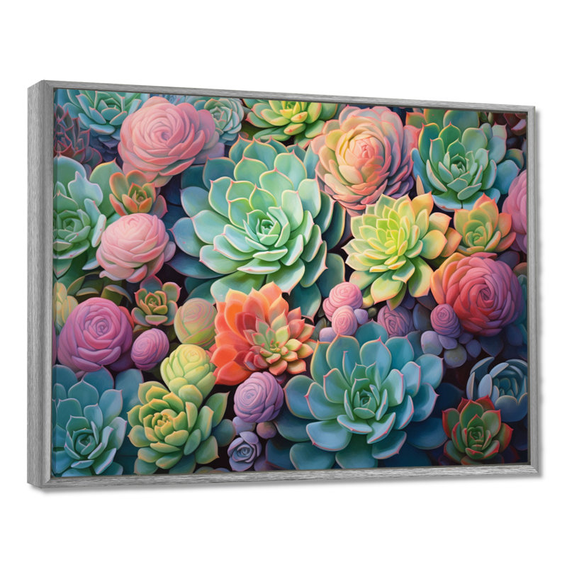 Vert, bleu, plantes grasses, succulentes, rêves II, H 16 po x l 32 po x P 1 po, Encadrement argenté