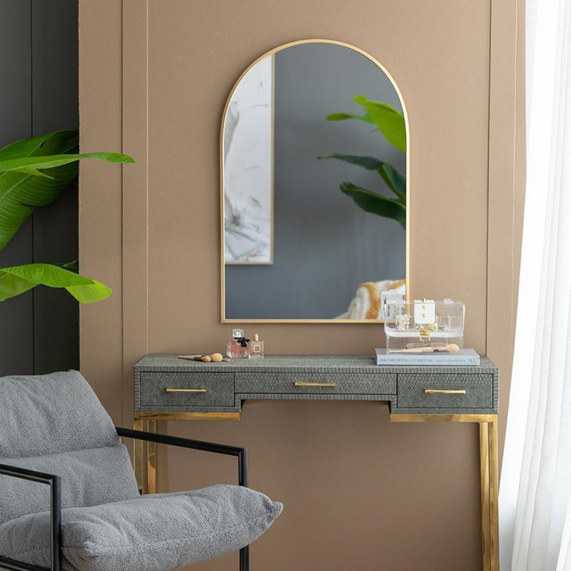  Arched Mirror With Metal Frame, Wall Mirror For Living Room Bedroom Entryway, 36" x 24", Doré