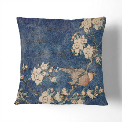 Bullfinch And Weeping Cherry Blossoms Square Throw Cushion