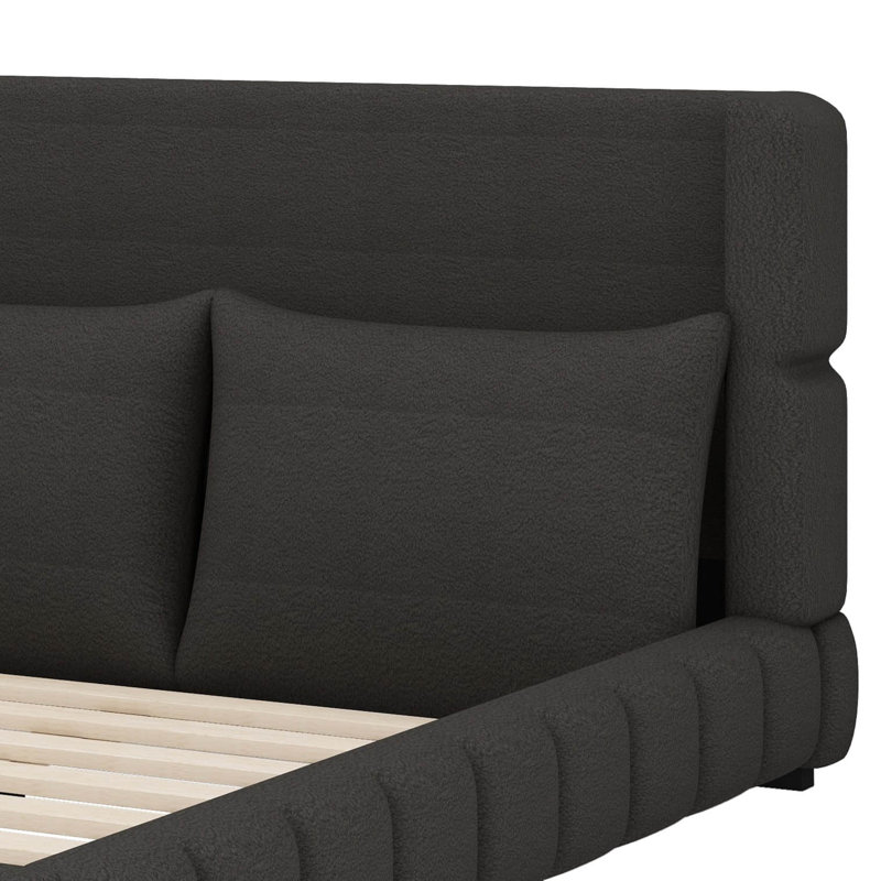Lit plateforme tapissier en velours avec 2 coussins et tête de lit à oreilles, structure de lit basse pour chambre d'amis