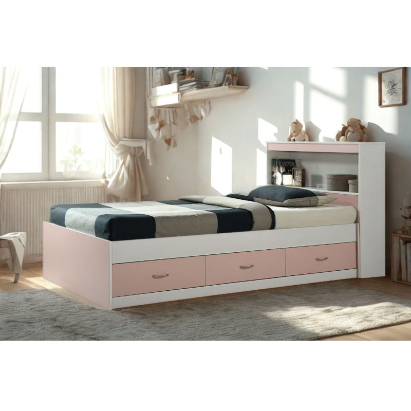 Lit plateforme simple avec tête de lit bibliothèque et 3 tiroirs pour les vêtements , Rose