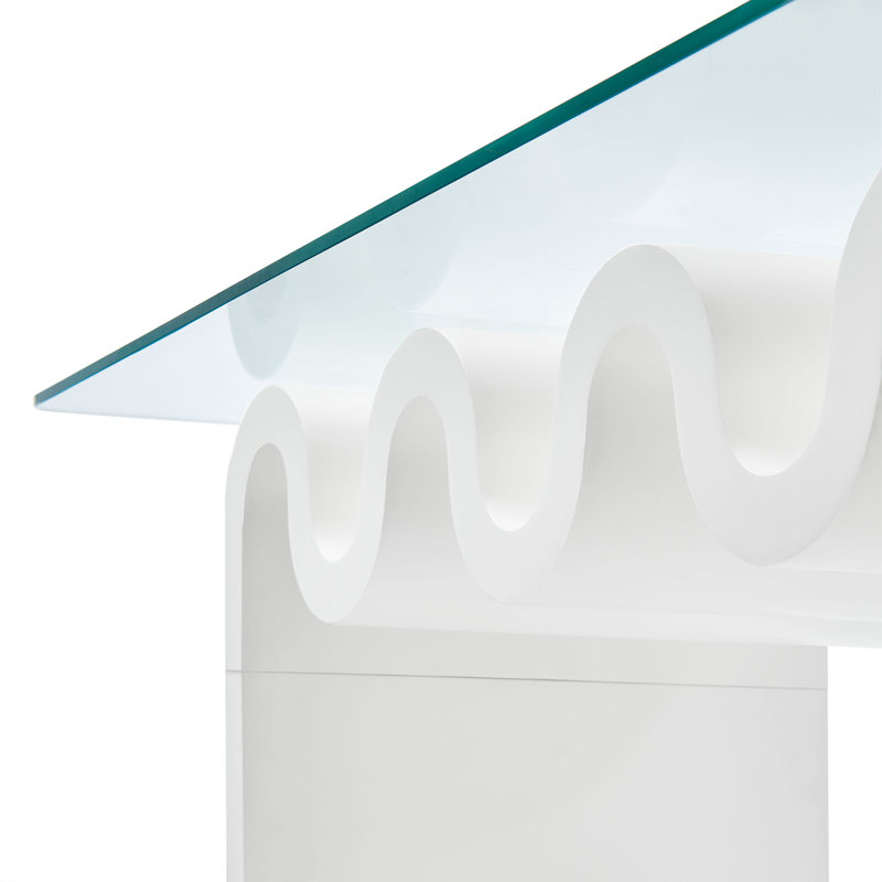 Ondine White Glass and Wood Wave Coffee Table
