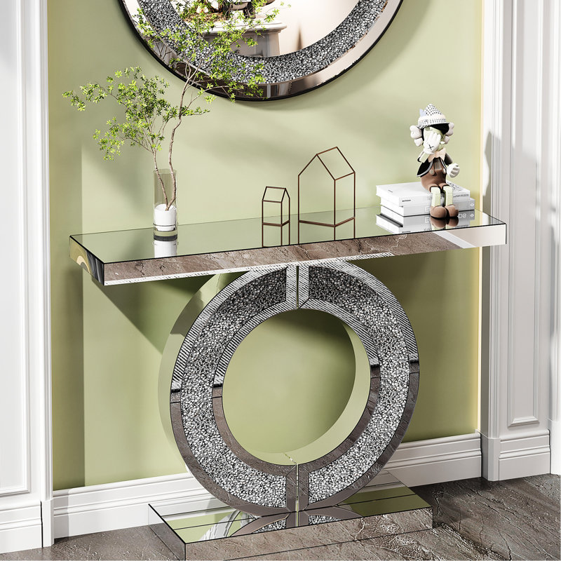 Console moderne en forme de O, objets artisanaux en cristal pour chambre à coucher, miroir argenté, double base, bords polis à la main, finition brillante, montage facile, profondeur 107,6 cm, largeur 30,4 cm, hauteur 81,4 cm, poids 17 kg