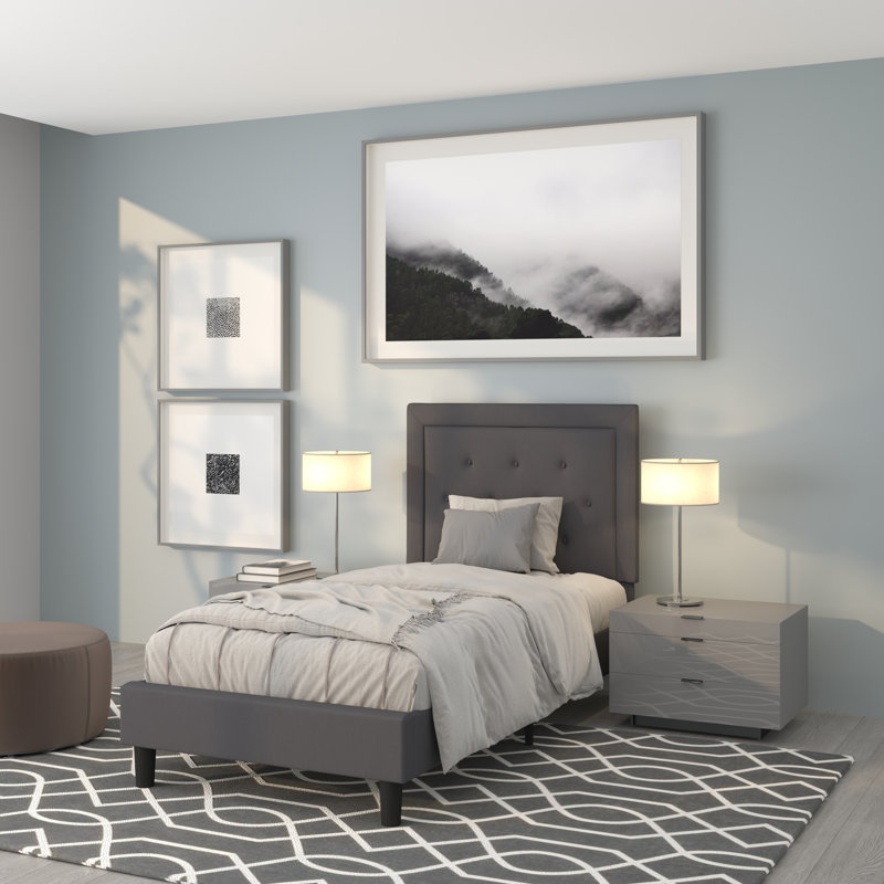 Aluino Panel Button Tufted Upholstered Platform Bed Frame - No Box Spring Required, Dark Gray, Twin