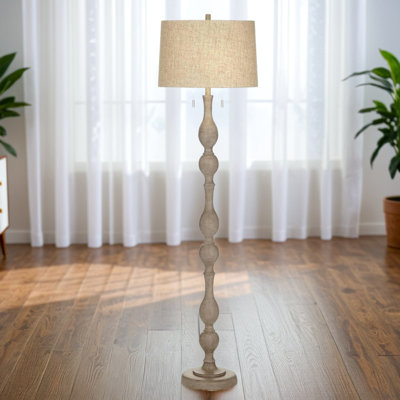 Lampe sur pied Tuscan Chic Farmhouse avec chaînette, finition en faux bois, abat-jour tambour et base lestée pour le salon, la chambre à coucher ou le bureau