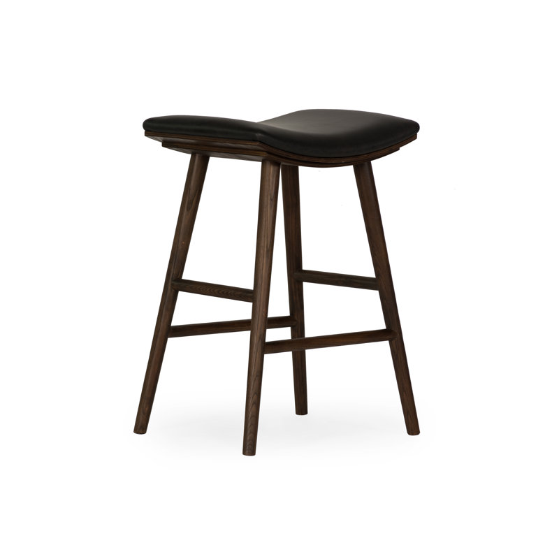 Union Wallis Belfast Solid Wood Stool, Faux Leather - Distressed Black/Warm Parawood, Counter Stool (26" Seat Height)