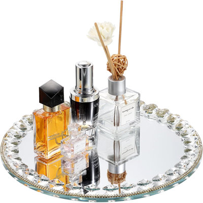 10.6" Medium Round Mirrored Glass Vanity Tray - Colorful Sparkling Crystal Perfume/Makeup/Jewelry Organizer