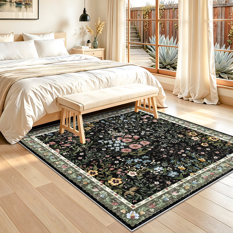 Tapis floral Eden Mughal, Noir, Carré 6 pi