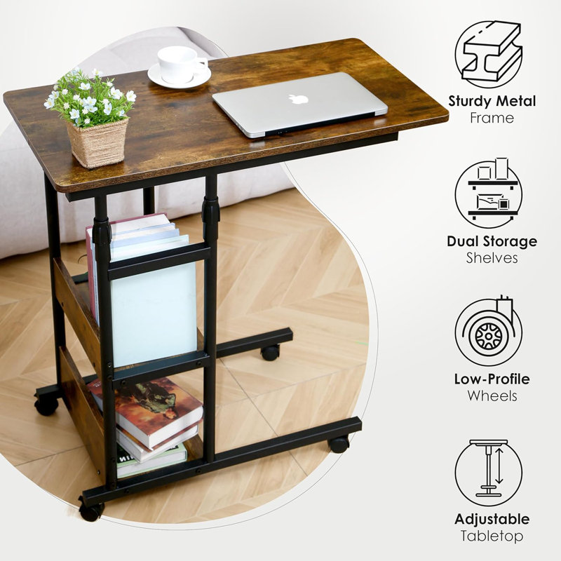 Adjustable Height Bedside Table With Lockable Wheels, 3-Tier Rolling Desk For Bed, Couch, Or Chair, Durable All-Metal Frame, Multi-Functional Design For Work, Dining, Or Snacking
