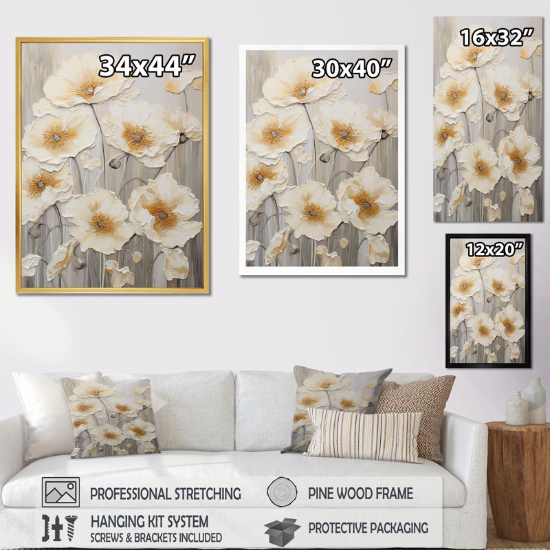 Buttercups Fields On Gray III sur toile, H 32 po x l 16 po x P 1 po, Cadre flottant blanc