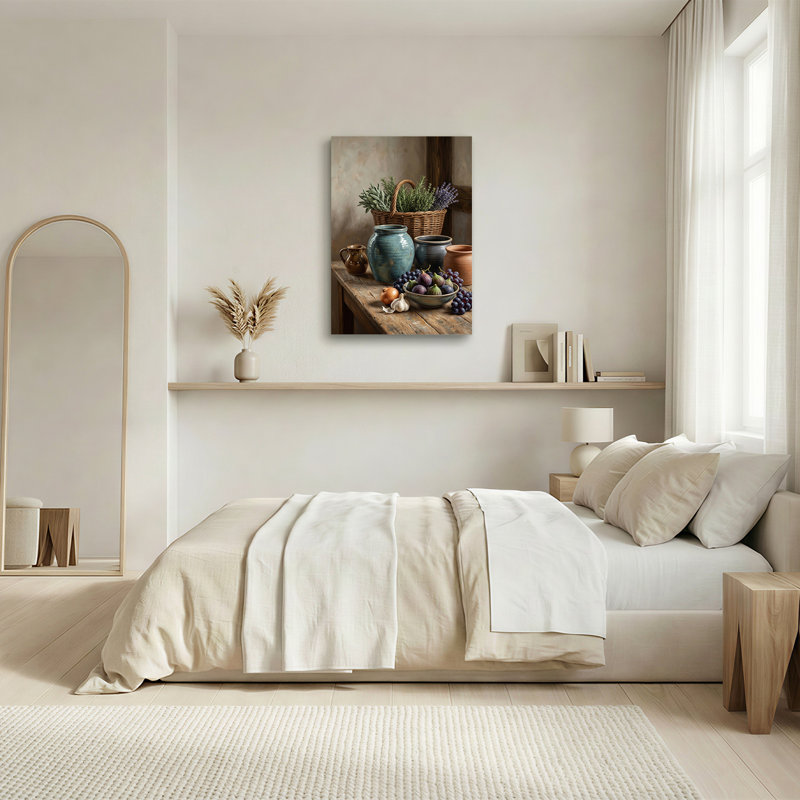 Tableau sur toile représentant un panier d'herbes aromatiques et de fruits frais sur une table en bois, H 40 po x l 28 po