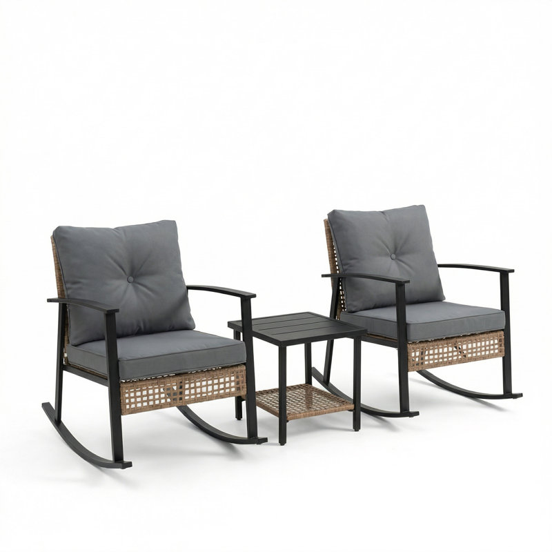 Ensemble bistro en rotin 3 pièces, table basse à 2 niveaux et coussins épais, ensemble de conversation pour patio toutes saisons pour jardin, balcon, gris