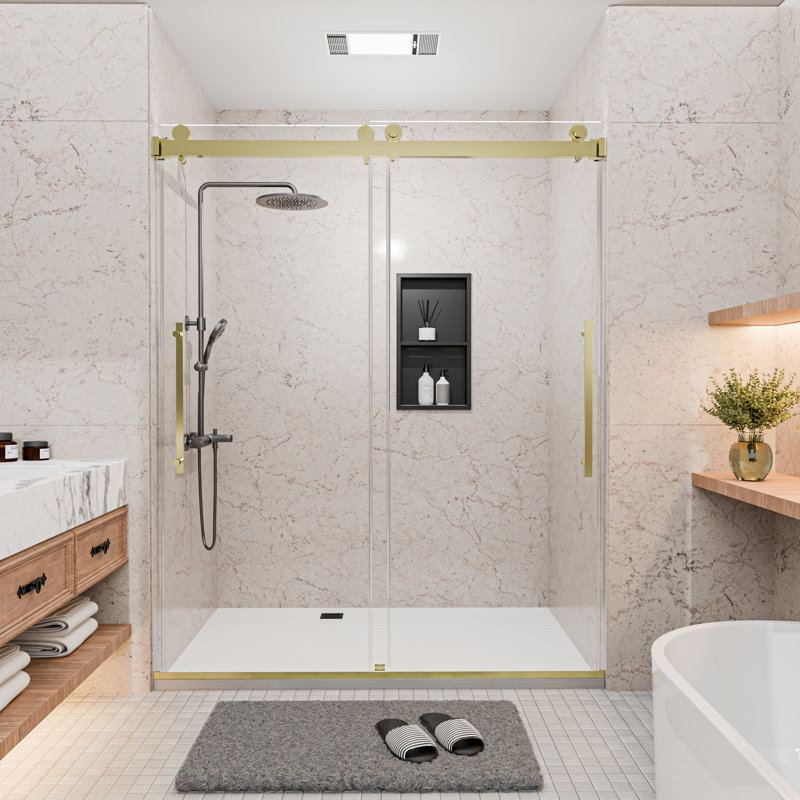 44-48 In. W X 74 In. H Semi-Frameless Double Sliding Shower Door With 1/4 In. Clear Tempered Glass In Brushed Gold