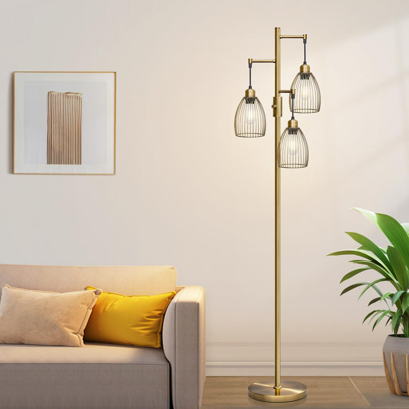 Farmhouse Industrial Floor Lamp Standing Tree Lamp With Elegant Teardrop Cage Tall Lamps, Brass