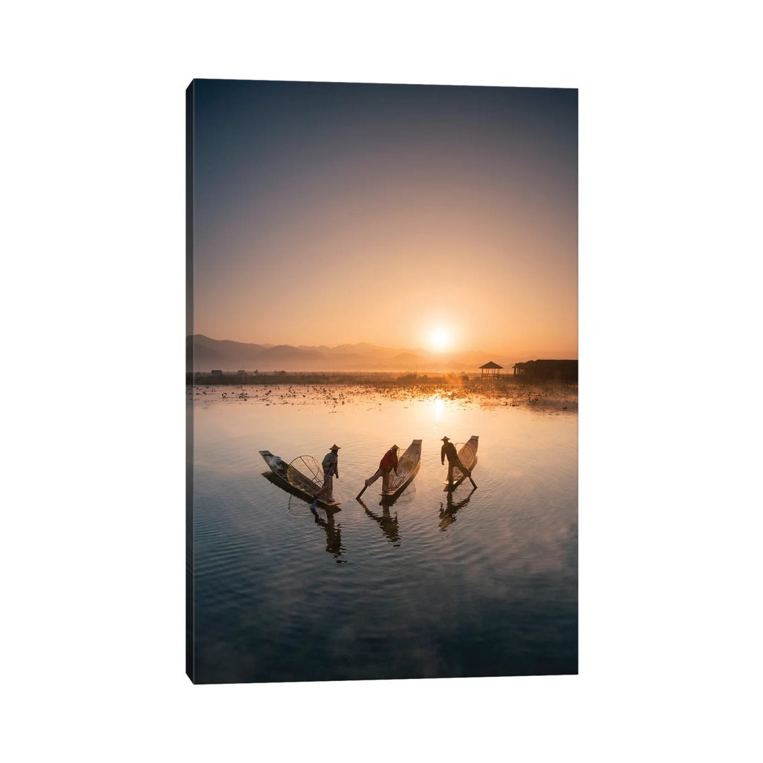 Group Of Intha Fishermen At Sunrise, Inle Lake, Myanmar by Jan Becke - Wrapped Canvas Print
