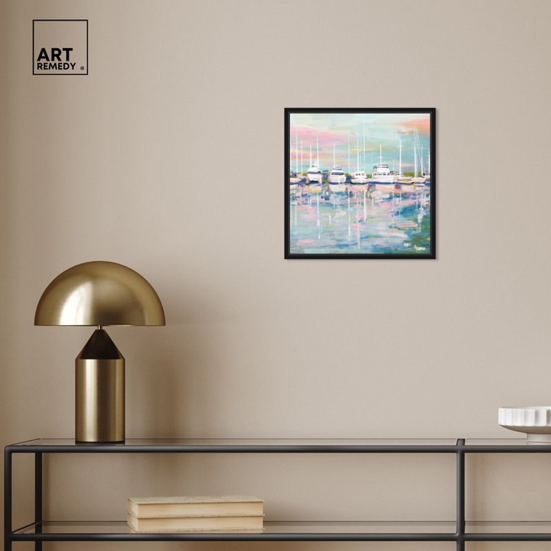 Coastal Dock Boats Print on Canvas with Black Frame