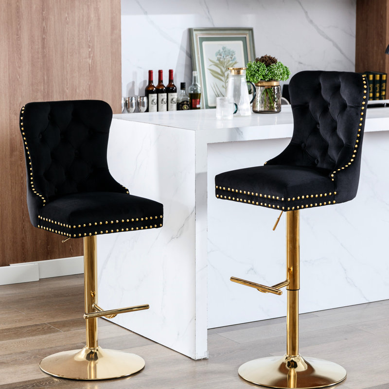 Tabourets de bar réglables en velours noir - confortables pour la maison et la cuisine (de 2 avec siège, Doré, Noir