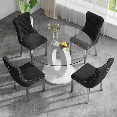 High Gloss Round Dining Table Set with 4 Velvet Dining Chairs