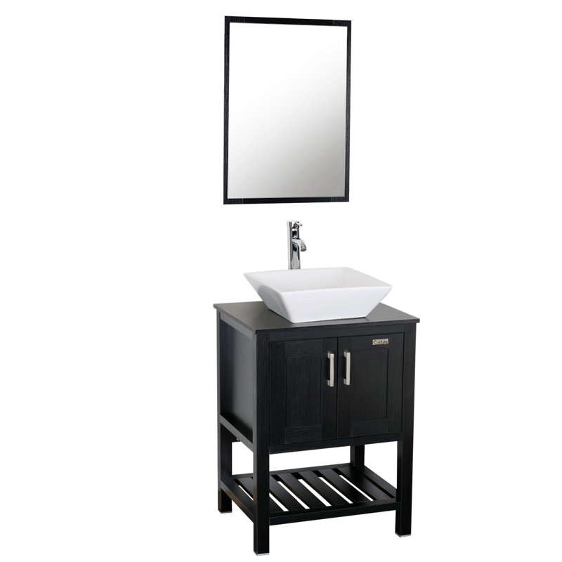 24'' Single Bathroom Vanity with Ceramic Top with Mirror, Black