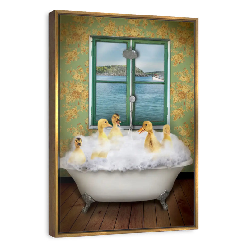 Ducks In Bath Tub, Floating Frame Gold, 17" x 25"