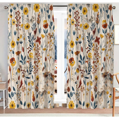 Yellow Floral Meadow Blackout Curtains Set Of 2，28 × 40