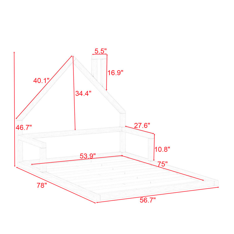 Full Size Wood Platform Bed with Detachable Roof, White