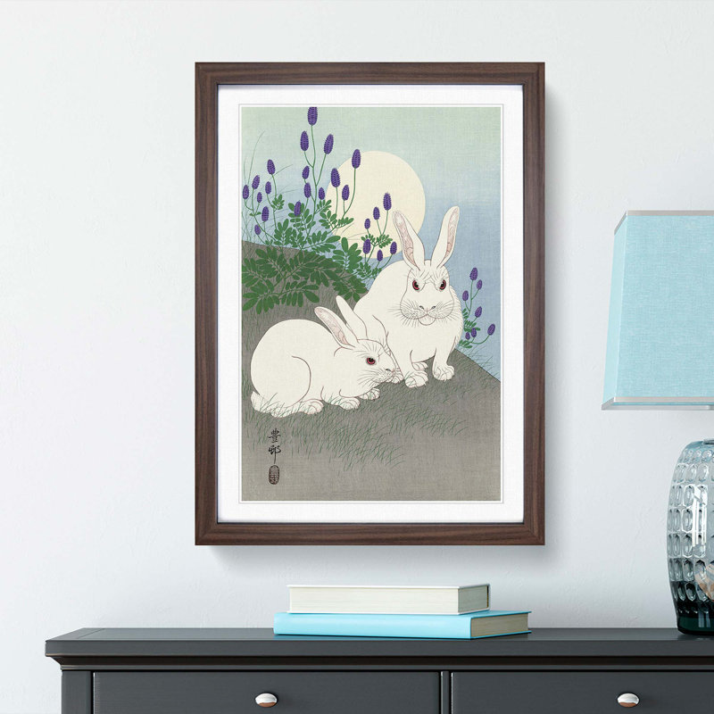 Rabbits at Full Moon by Ohara Koson - Picture Frame Painting Print, Walnut, 60cm H x 40cm W x 2cm D