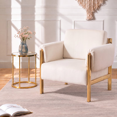 Fauteuil d'appoint Sistrunk moderne et glamour en velours blanc avec accoudoirs rembourrés et structure en métal doré