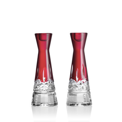Lismore Red 8in Round Candlestick, Set of 2