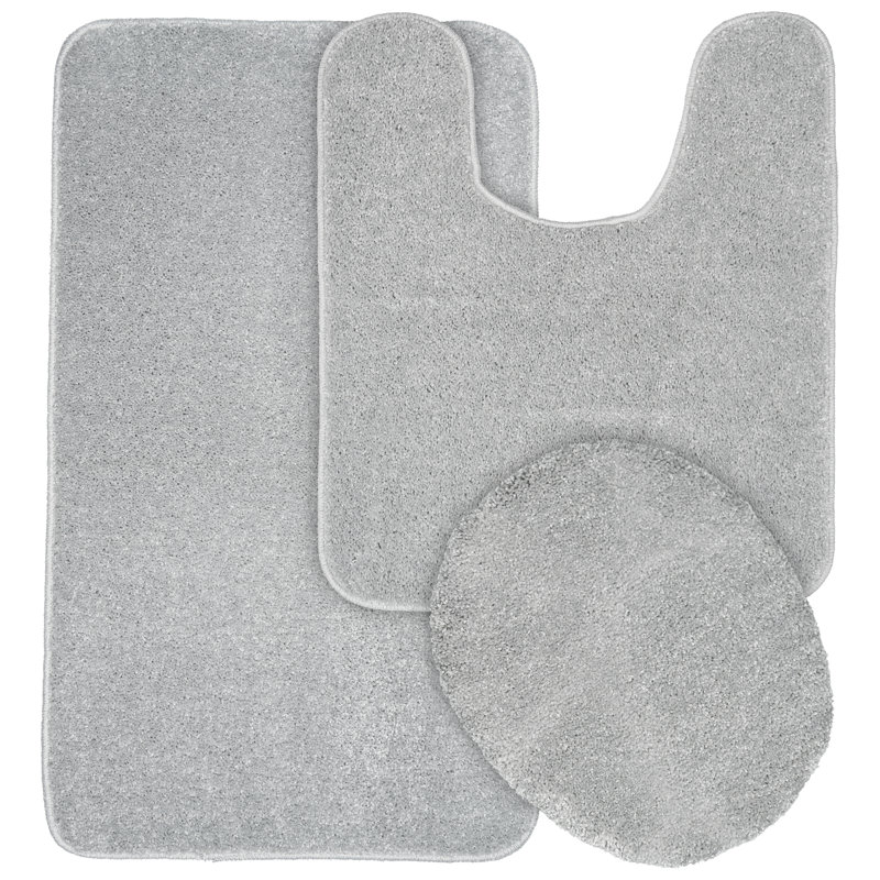 Felia Nylon 3 Piece Bath Rug Set with Non-Slip Backing, Silver