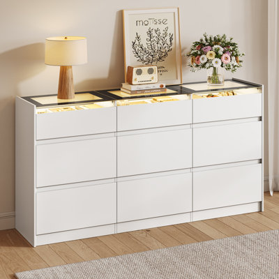 60.2'' W Modern 9 Drawer Dresser with LED Lights and Tempered Glass Top, White 