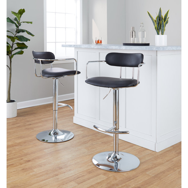  Erma Adjustable Height Faux Leather Bar Stool with Rounded T Footrest (Set of 2), Black, Chrome
