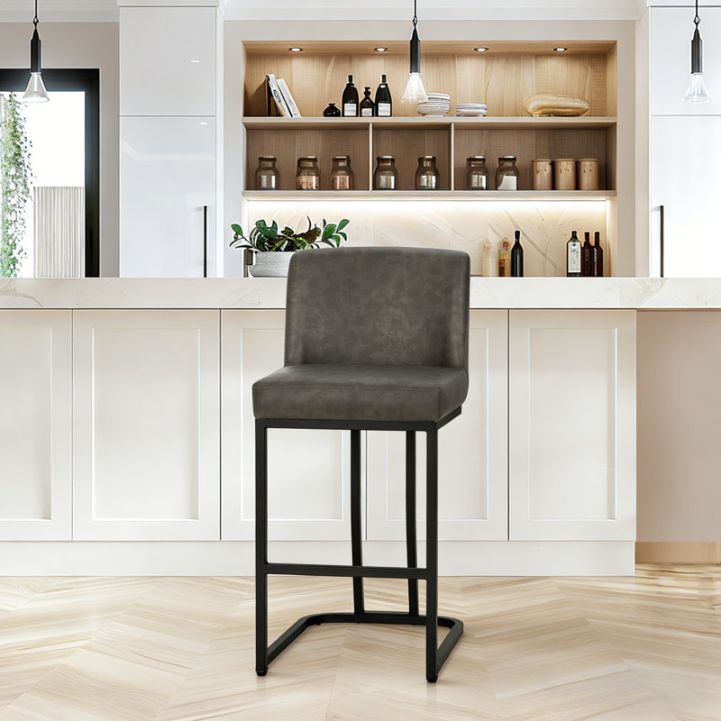 Seese Upholstered Counter Stool with Metal Frame, Gray, Counter Stool (24” Seat Height), Black