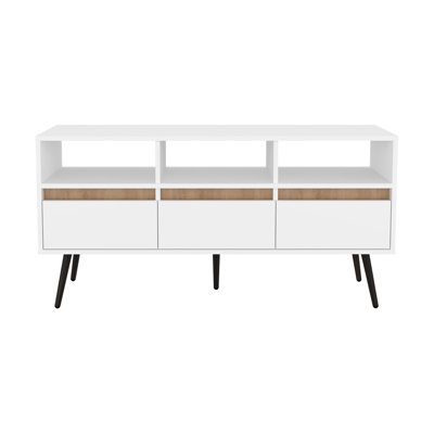 Meuble télé 47 po de large pour l'espace de vie - Trois tiroirs et tablettes ouvertes, chêne naturel blanc avec gestion des câbles pratique
