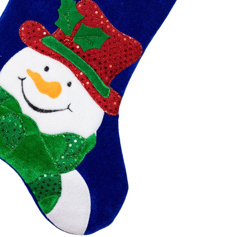 Royal Blue Velveteen Snowman Christmas Stocking with White Cuff