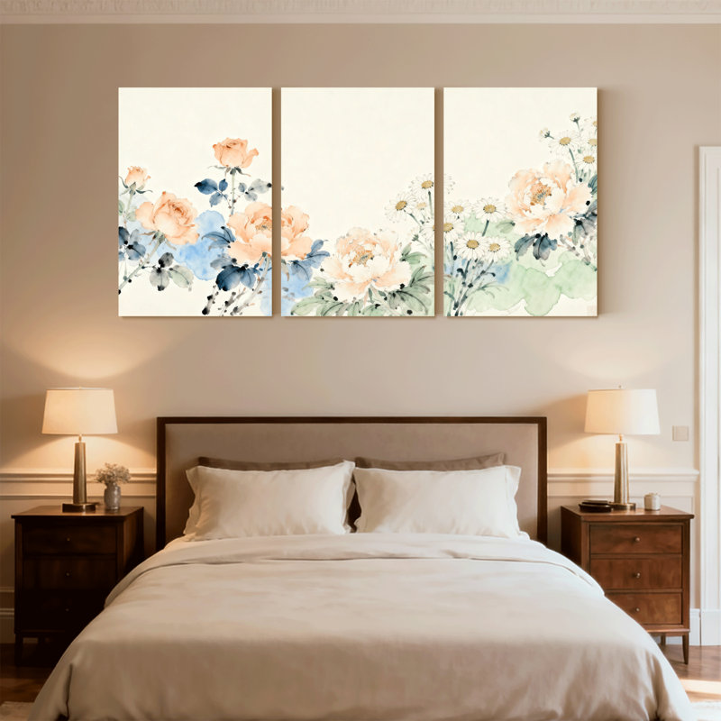 Plantes et fleurs, aquarelle florale, roses et marguerites, ensemble de 3 impressions sur toile, H 18 po x l 36 po