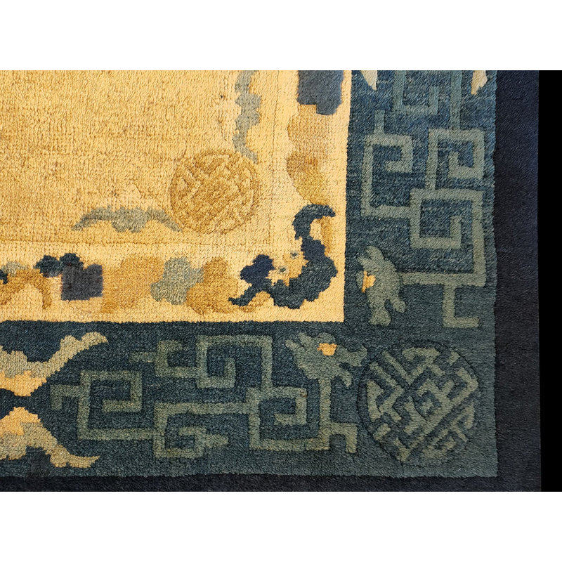 Solid Ivory Open Field Antique Small Geometric Peking Chinese Rug