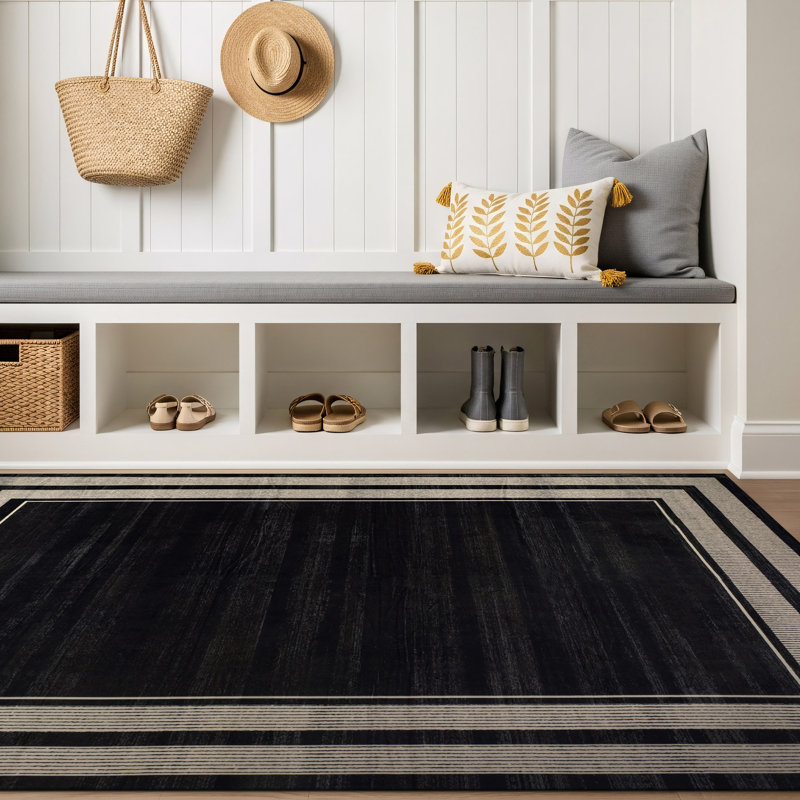 Tapis noir antidérapant à bordure rayée lavable à la machine, 3 pi x 5 pi