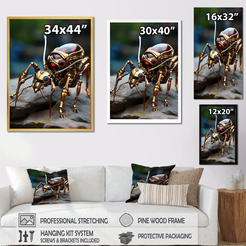 Travailleur métallique, fourmi bronze sur toile, H 44 po x l 34 po x P 1,5 po, Cadre naturel flottant