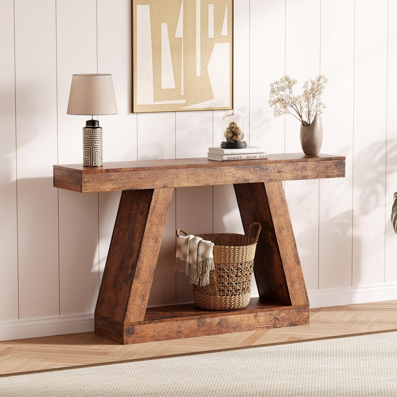 55" Farmhouse Console Table, 2-Tier Wooden Trapezium Sofa Table with Open Shelf, Rustic Entryway Table, Brown