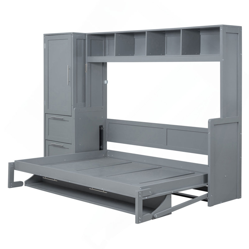Lit escamotable Murphy avec placard et tiroirs, Gris, Full