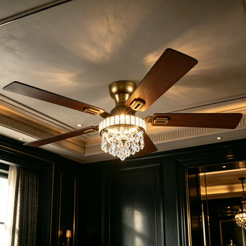 Ventilateur de plafond en cristal moderne de 52 pouces avec lumières, télécommande, installation facile, câble de sécurité, température de 3 couleurs et fonction de mémoire